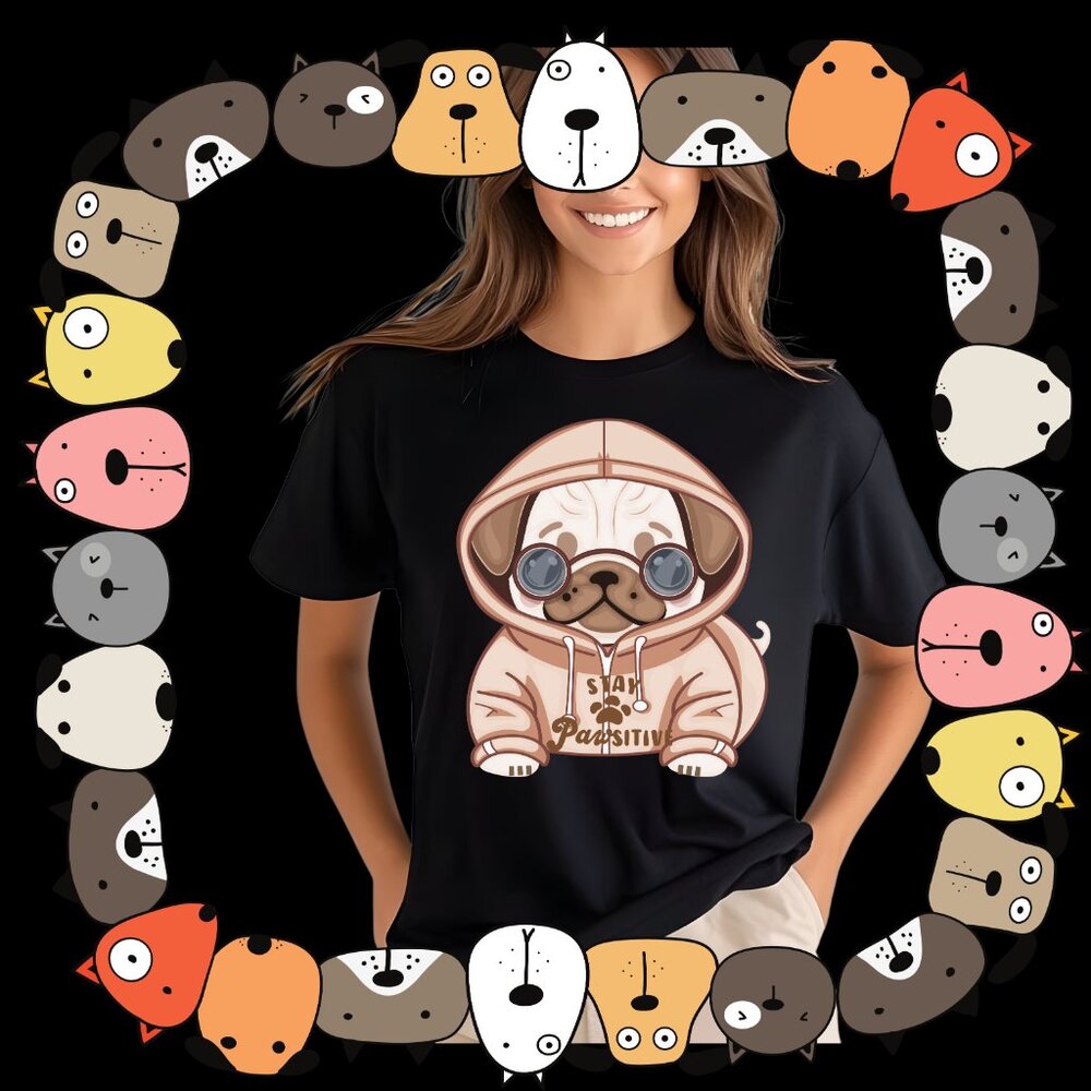 Pug in Hoodie Sunglasses Shirt Stay Pawsitive or without words Tshirt